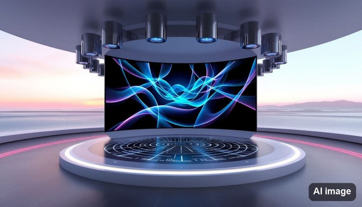 A visual representation of Dolby Atmos mixing with sound waves and speakers.