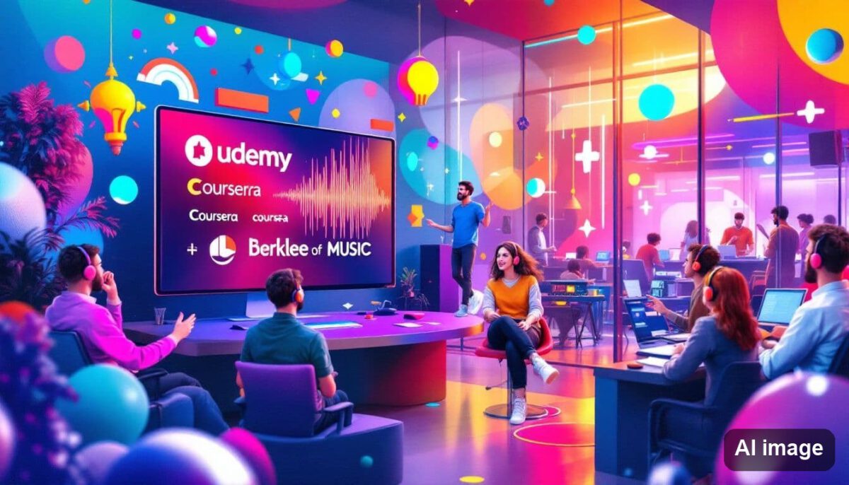 A collage of online learning platforms offering audio engineering courses.