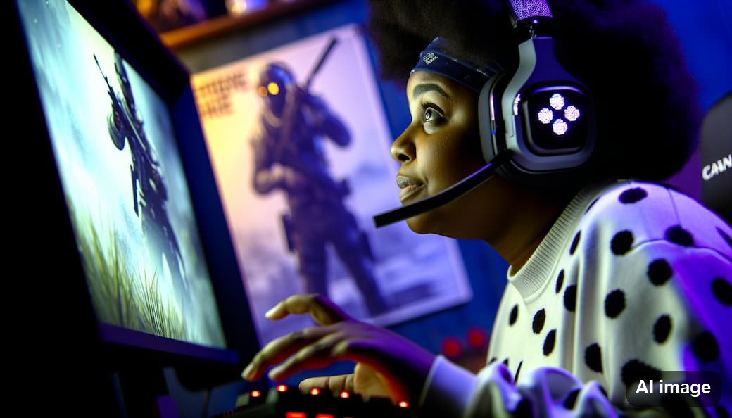 Woman wearing a gaming headset in front of a screen showing a shooter game