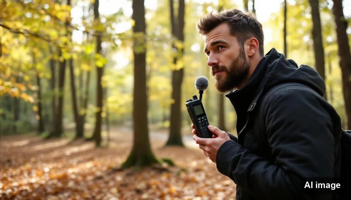 Mensch mit Aufnahmegerät im Wald