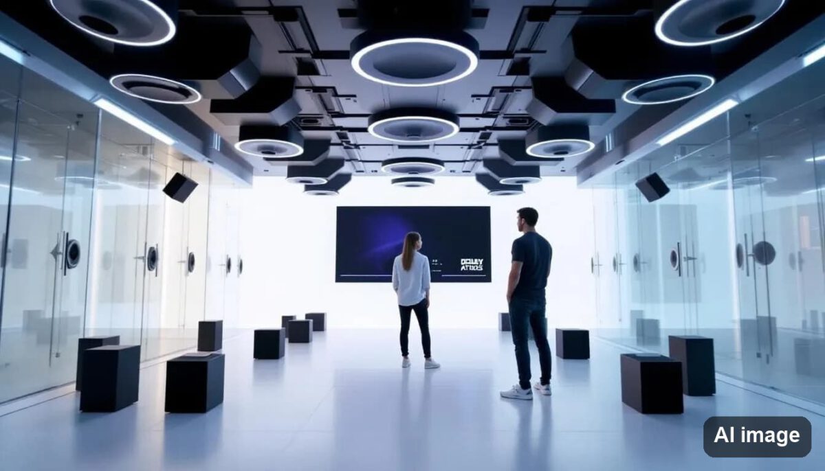 Ein Bild von einem optimierten Dolby Atmos System mit Deckenlautsprechern und einem Benutzer, der es testet.