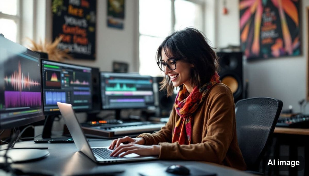 A student reviewing online course materials for audio engineering.