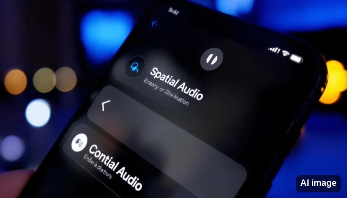 Das Bild zeigt einen iPhone-Bildschirm mit geöffnetem Kontrollzentrum, auf dem die Optionen für Spatial Audio und 3D Klang sichtbar sind. Die Einstellungen ermöglichen eine personalisierte Audioerfahrung, die den Surround Sound und die Geräuschunterdrückung der AirPods Pro 3 optimiert.