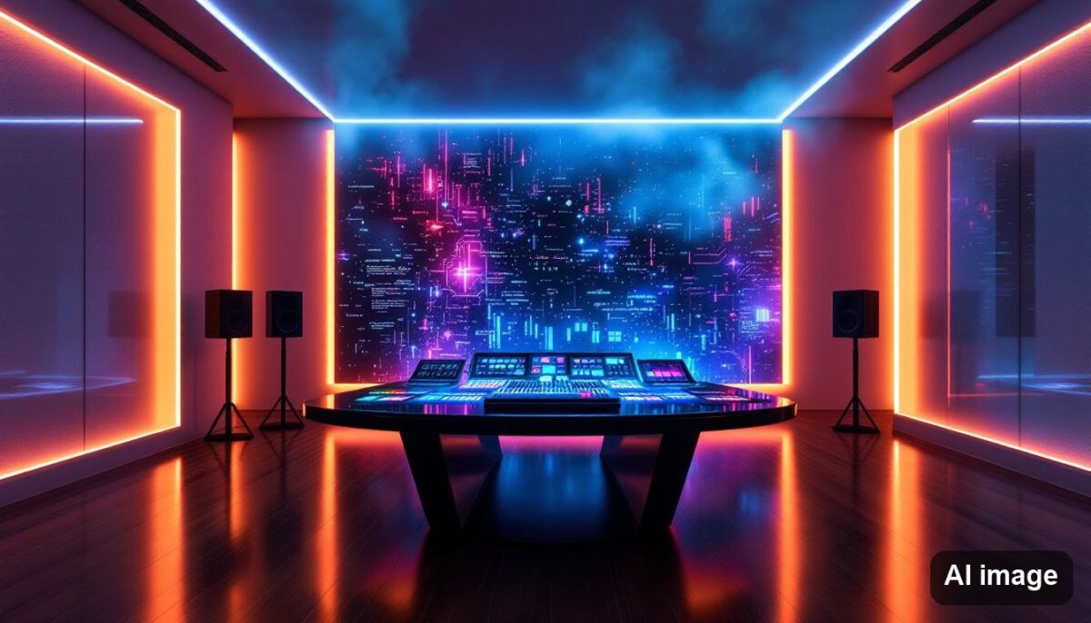 Neon-lit studio room with a mixing console and speakers in front of a large city screen