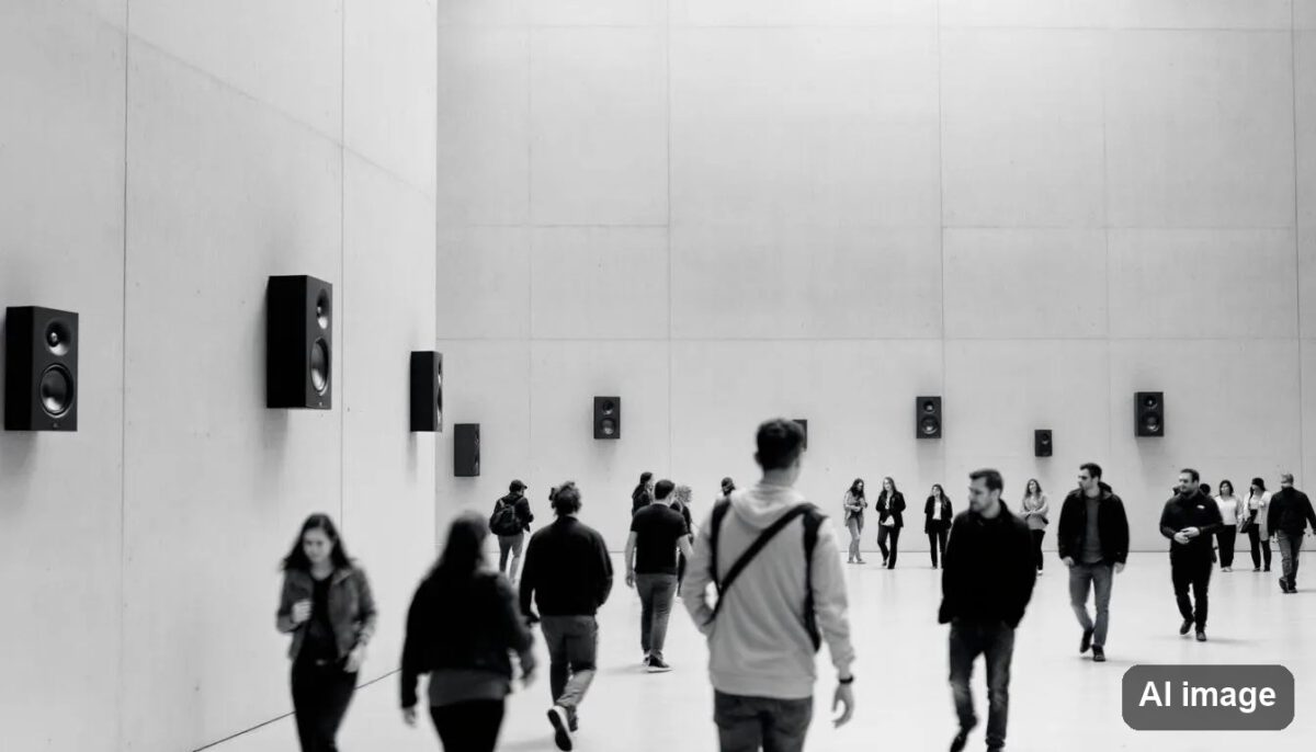 In einem großen Raum bewegen sich Menschen zwischen unsichtbaren Lautsprechern an den Wänden, die eine vielfältige Geräuschkulisse erzeugen. Diese Klanginstallation lädt die Besucher ein, die Grenzen zwischen Kunst und Musik zu erkunden und die verschiedenen Klänge bewusst wahrzunehmen.