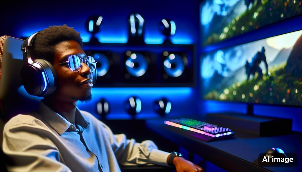Man wearing headphones at a gaming setup in front of a blue-lit wall and monitors
