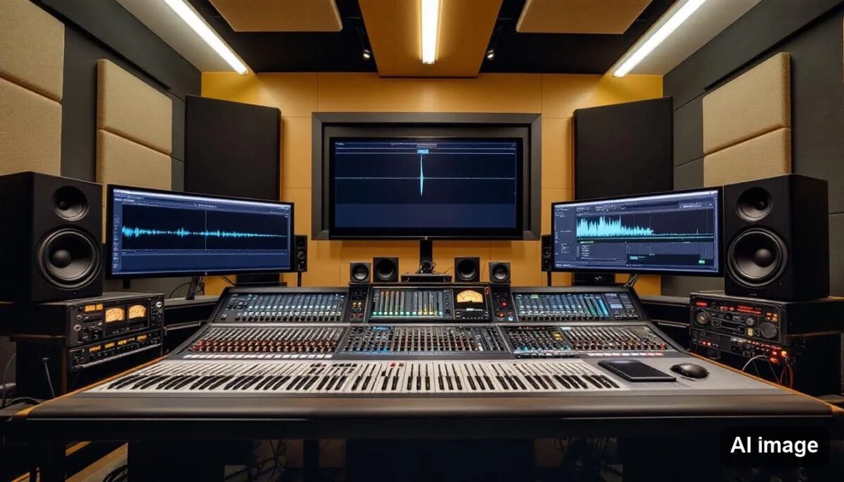 The image depicts a modern audio workstation featuring multiple monitors and a professional mixing console, designed for musicians and audio engineers to create and mix high-quality sounds. This studio setup includes various tools and speakers, enhancing the precision and reliability of music recording and production.