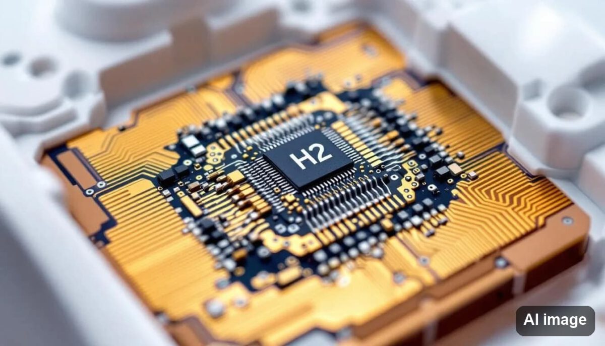 Die Detailaufnahme zeigt den H2-Chip der AirPods Pro, der für personalisiertes 3D Audio und Geräuschunterdrückung verantwortlich ist. Diese Technologie verbessert das Hörerlebnis durch räumlichen Klang und ermöglicht Funktionen wie Dolby Atmos und Head Tracking.