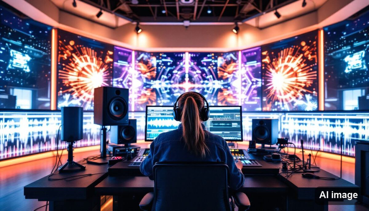 A sound technician working on advanced sound engineering techniques in a recording studio.