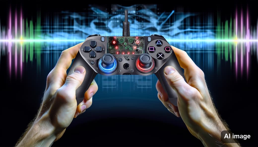 Zwei Hände halten einen Gamecontroller vor bunten Schallwellen