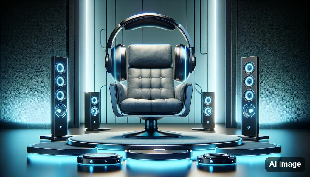 Armchair with oversized headphones between four floor-standing loudspeakers on a stage