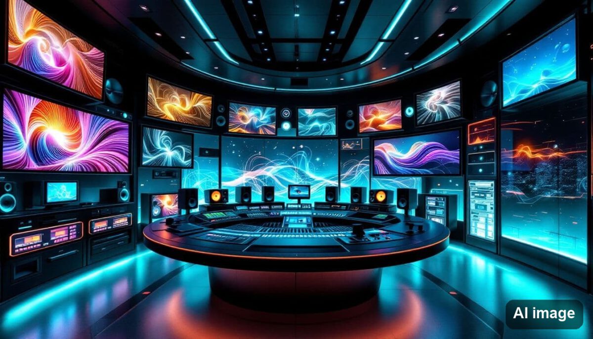An image of a professional Atmos mix room setup with various audio monitors.