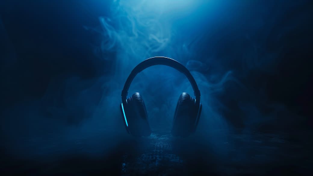 Kopfhörer vor dunklem Hintergrund mit blauem Licht