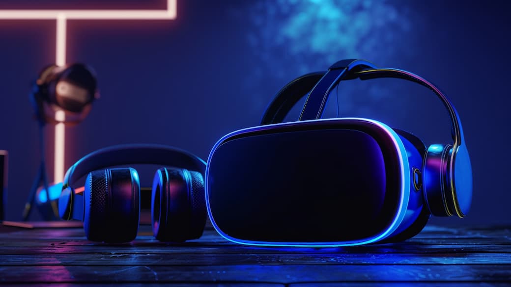 VR-Headset Nahaufnahme in futuristischer Atmosphäre