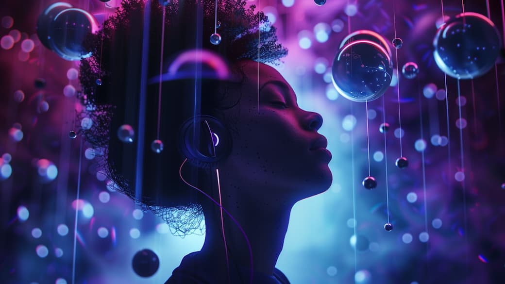 Frau mit Kopfhörern in futuristischer Neon-Atmosphäre