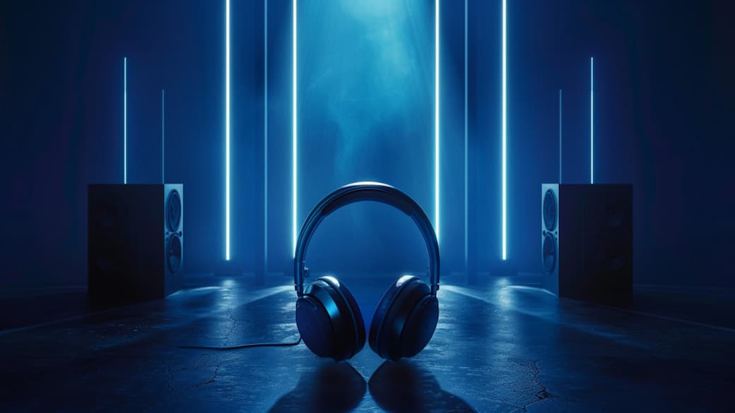 Kopfhörer vor leuchtenden vertikalen Neonlinien