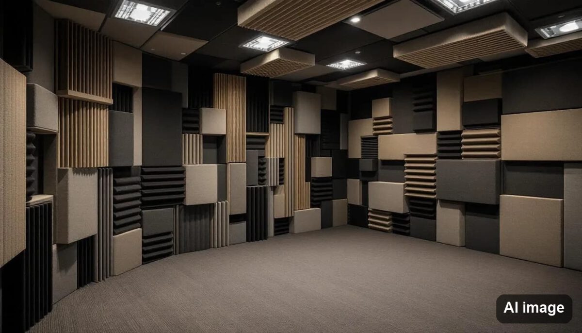 A professional recording studio is depicted, featuring acoustic treatment on the walls and high-quality monitor speakers strategically placed for optimal sound. This scene captures the essence of audio engineering, where musicians and producers work together to create and mix music with precision.