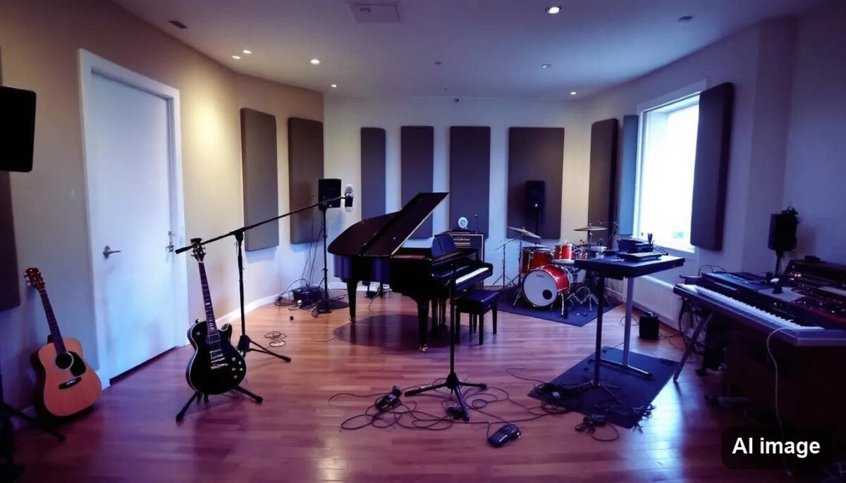 Das Bild zeigt ein Musikstudio mit verschiedenen Instrumenten, die räumlich angeordnet sind, um ein optimales Klangerlebnis zu bieten. Die Anordnung der Instrumente unterstützt ein beeindruckendes 3D-Audio und trägt zur Schaffung eines lebendigen Klangbildes bei, das durch moderne Technologien wie Dolby Atmos und spatial audio verbessert wird.