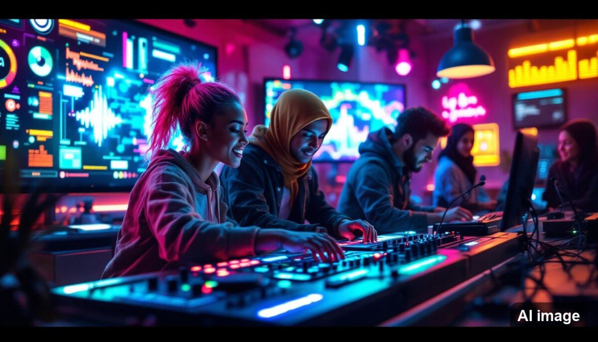 Several people working at audio controllers in a neon-lit room