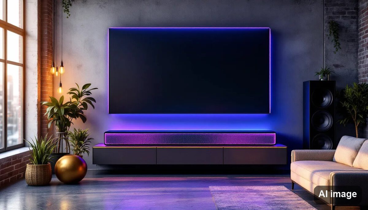 Eine moderne Soundbar unter einem Fernseher im Wohnzimmer.