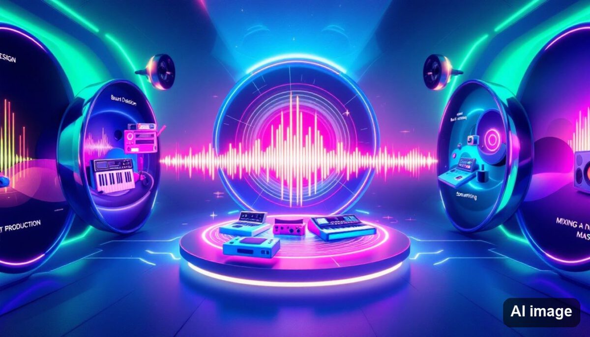 Neon-coloured illustration of a virtual music production showroom with a waveform, speakers and controllers