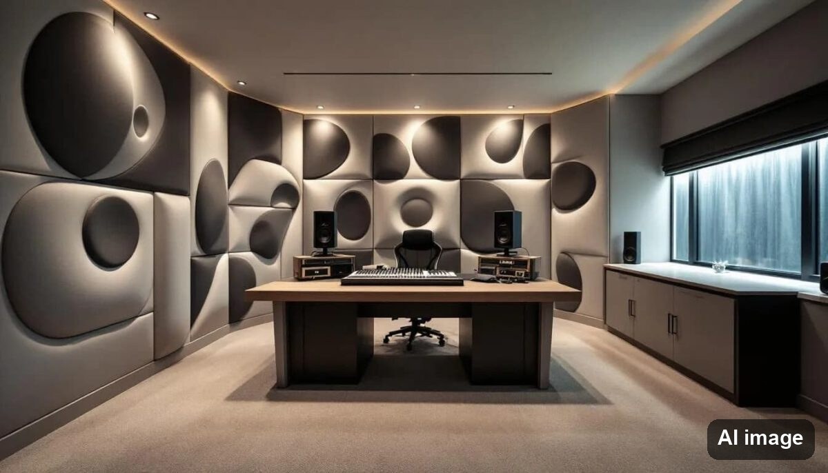 Studioraum mit skulpturalen Akustikelementen an der Wand, Schreibtisch und Monitorlautsprechern