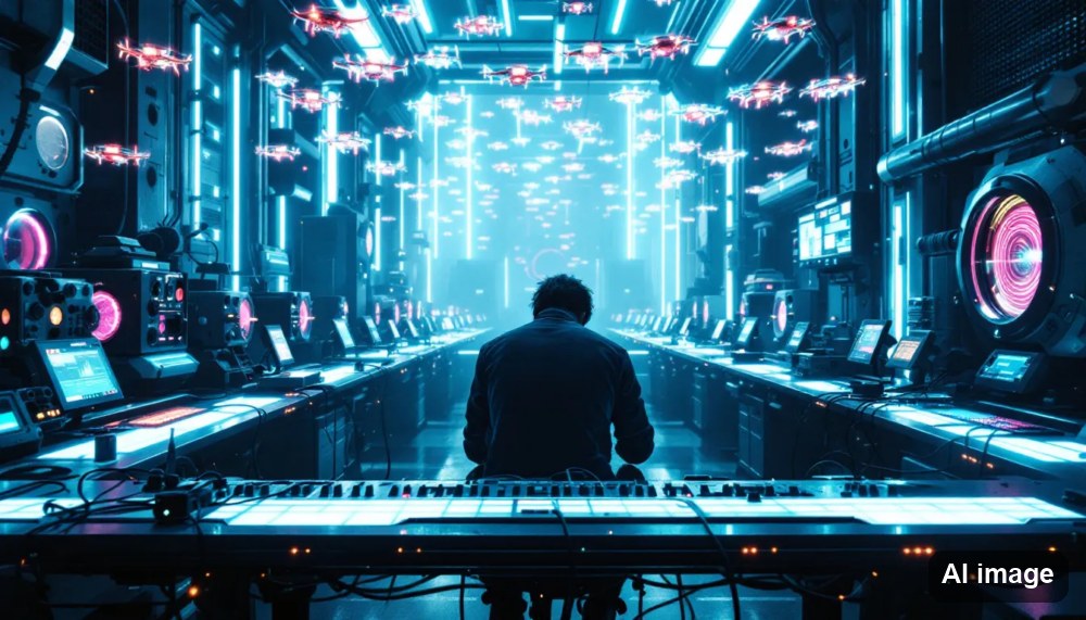 Sound Design Mensch in einem blauen Raum mit viel Technik