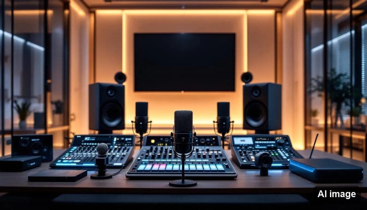 Mikrofone und Audiotechnik in einem Tonstudio.