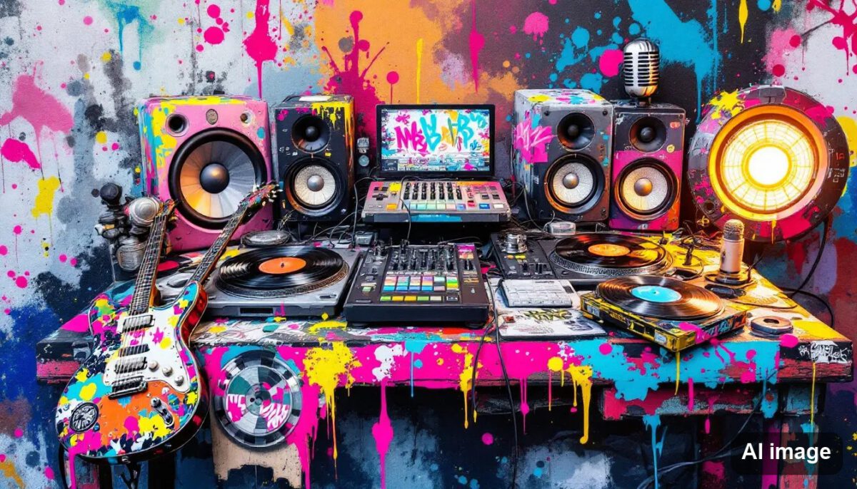 Verschiedene Zubehörteile für Soundsysteme auf einem Tisch.