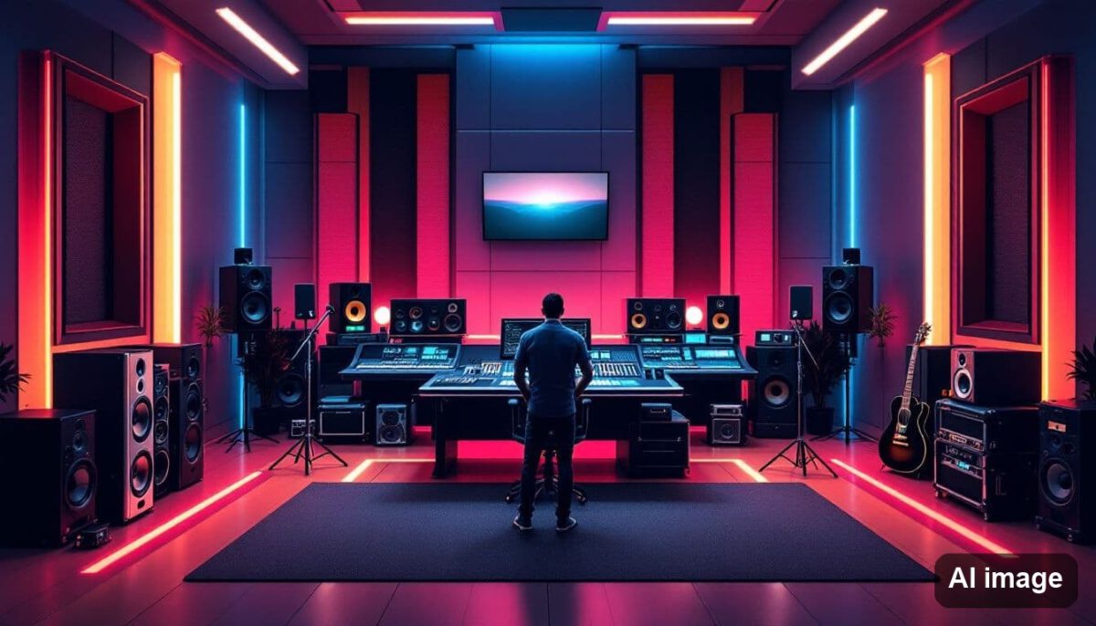 A professional mixing session in a high-quality recording studio.