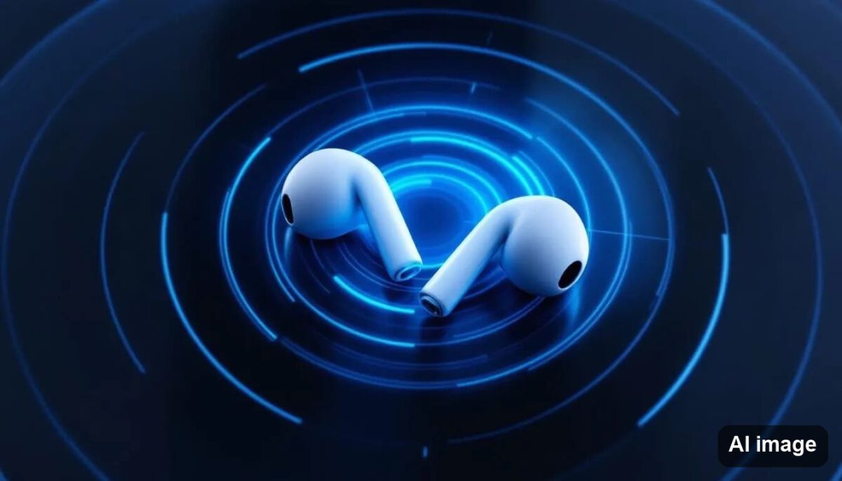 Die Abbildung zeigt die AirPods Pro, umgeben von visualisierten Schallwellen, die eine immersive 3D-Audioerfahrung symbolisieren. Diese Darstellung verdeutlicht die Funktionen wie Geräuschunterdrückung und spatial audio, die ein beeindruckendes Hörerlebnis bieten.