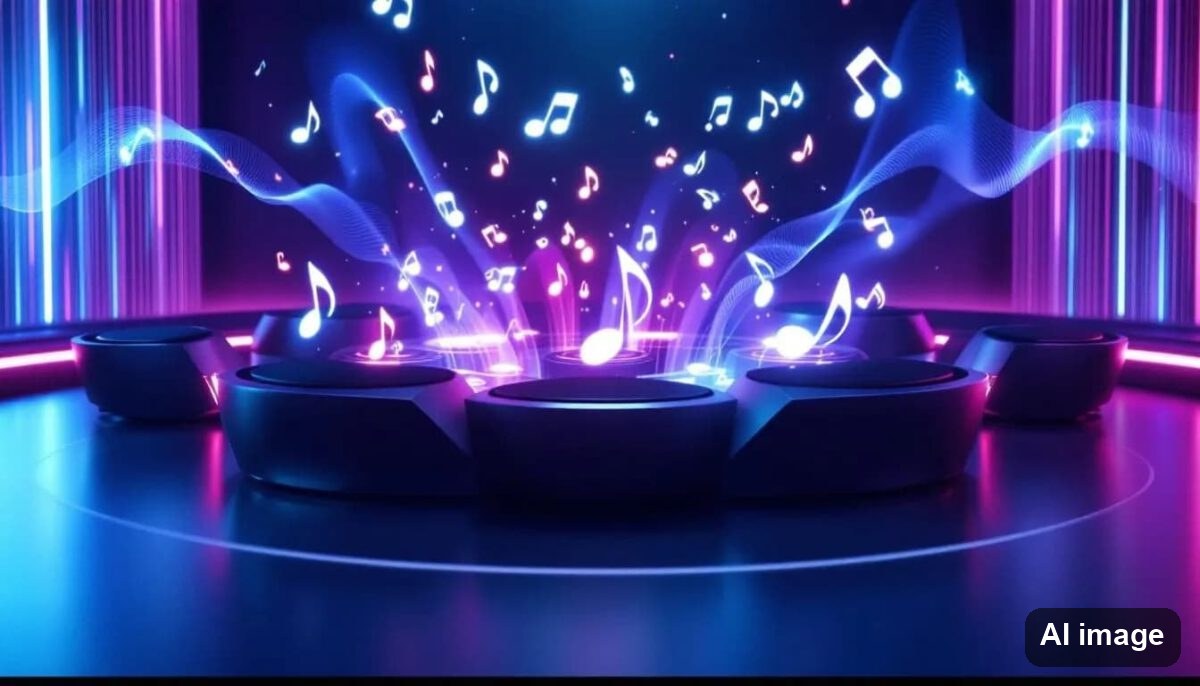 Eine Auswahl an Quellen für Dolby Atmos Testtöne, dargestellt durch Lautsprecher und Musiknoten.