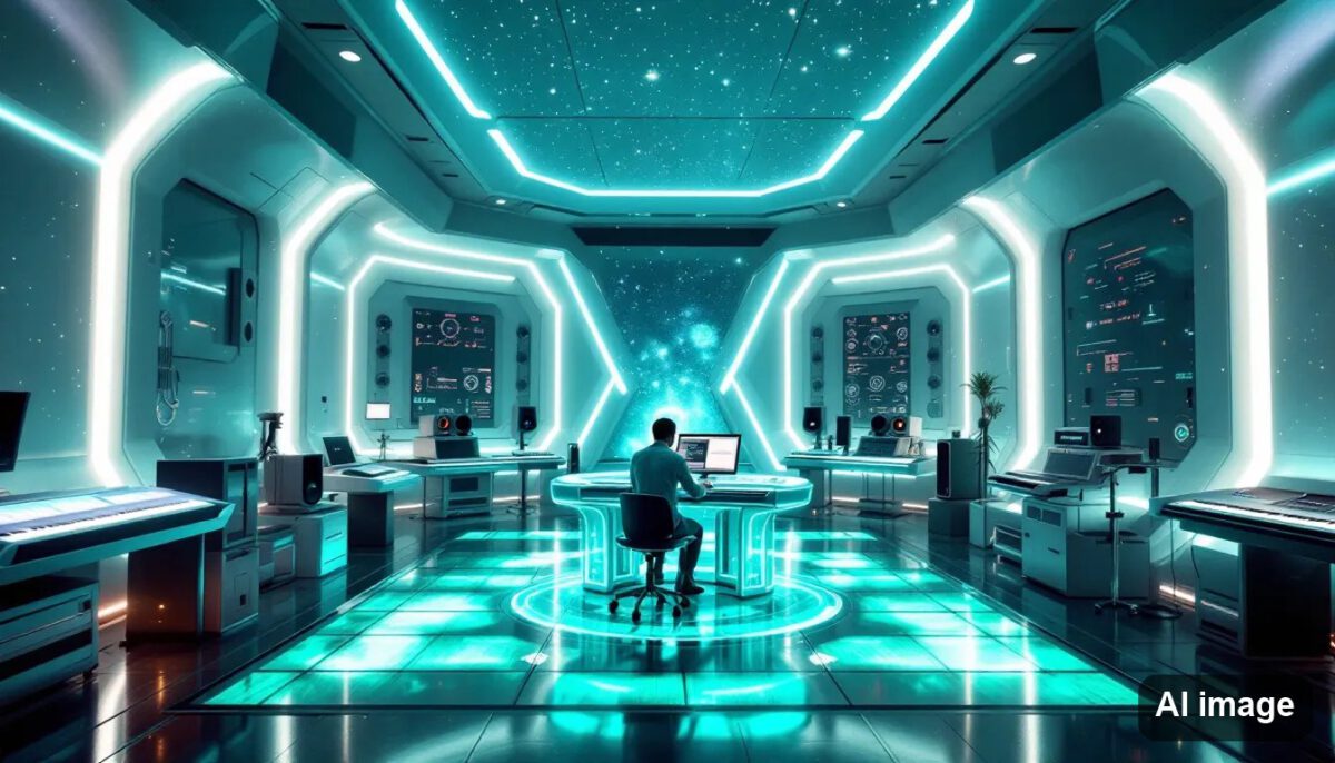 A creative sound design studio with various devices and instruments