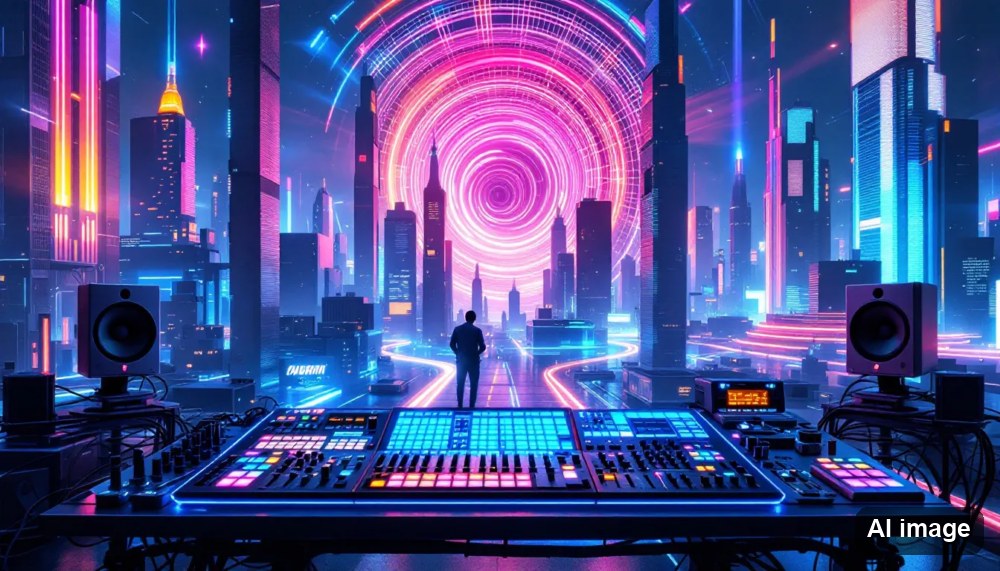 sound video city mit surrealistischem Hintergrund