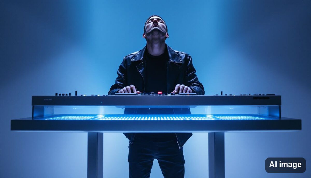 Ein Musiker, der Musik mit einem Audiosystem spielt.