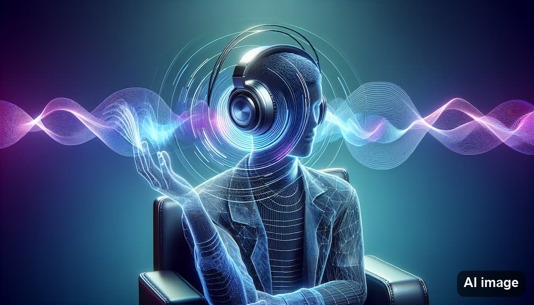 Seated figure wearing headphones, surrounded by symmetrical sound waves