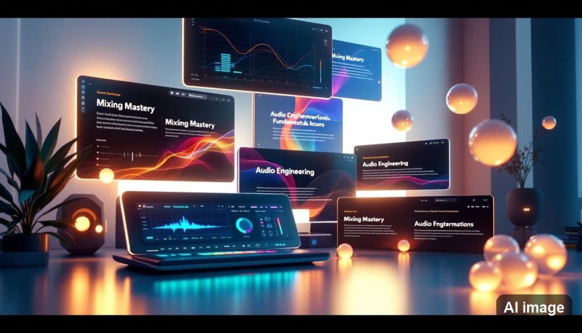 A collage of online mastering courses available for aspiring producers.