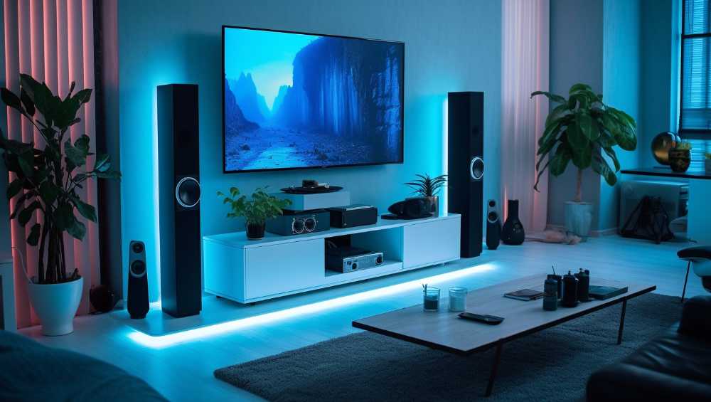 A home tv setup with spatial audio soundbars