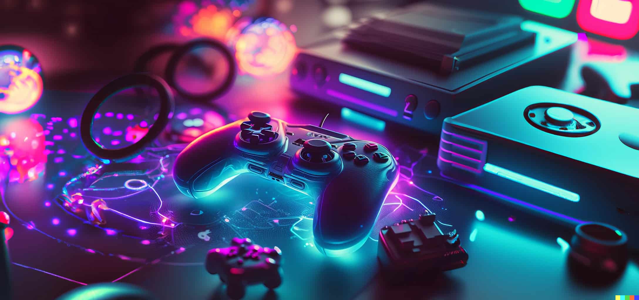 Gamecontroller aus Neonlicht auf einem Gaming-Tisch, umgeben von weiterem Zubehör