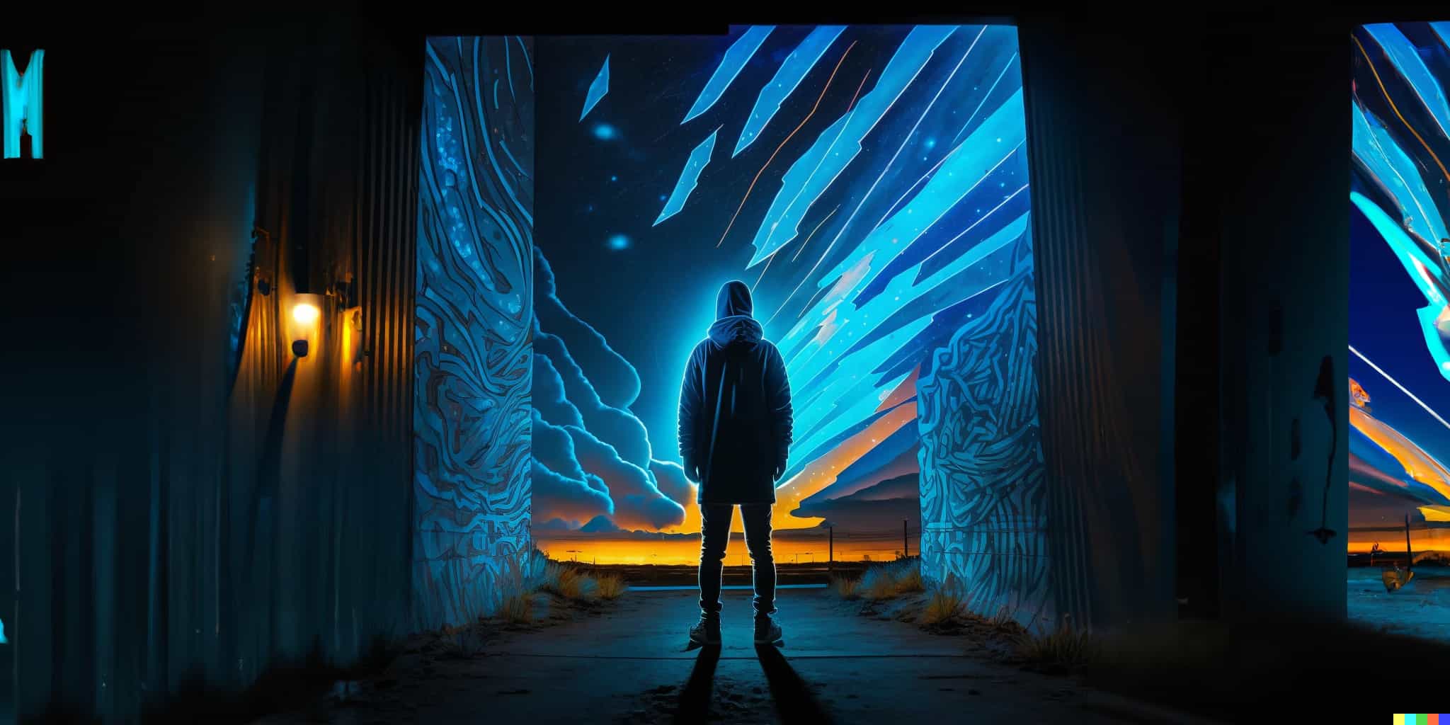 Graffiti bei Nacht in hellem Himmelblau