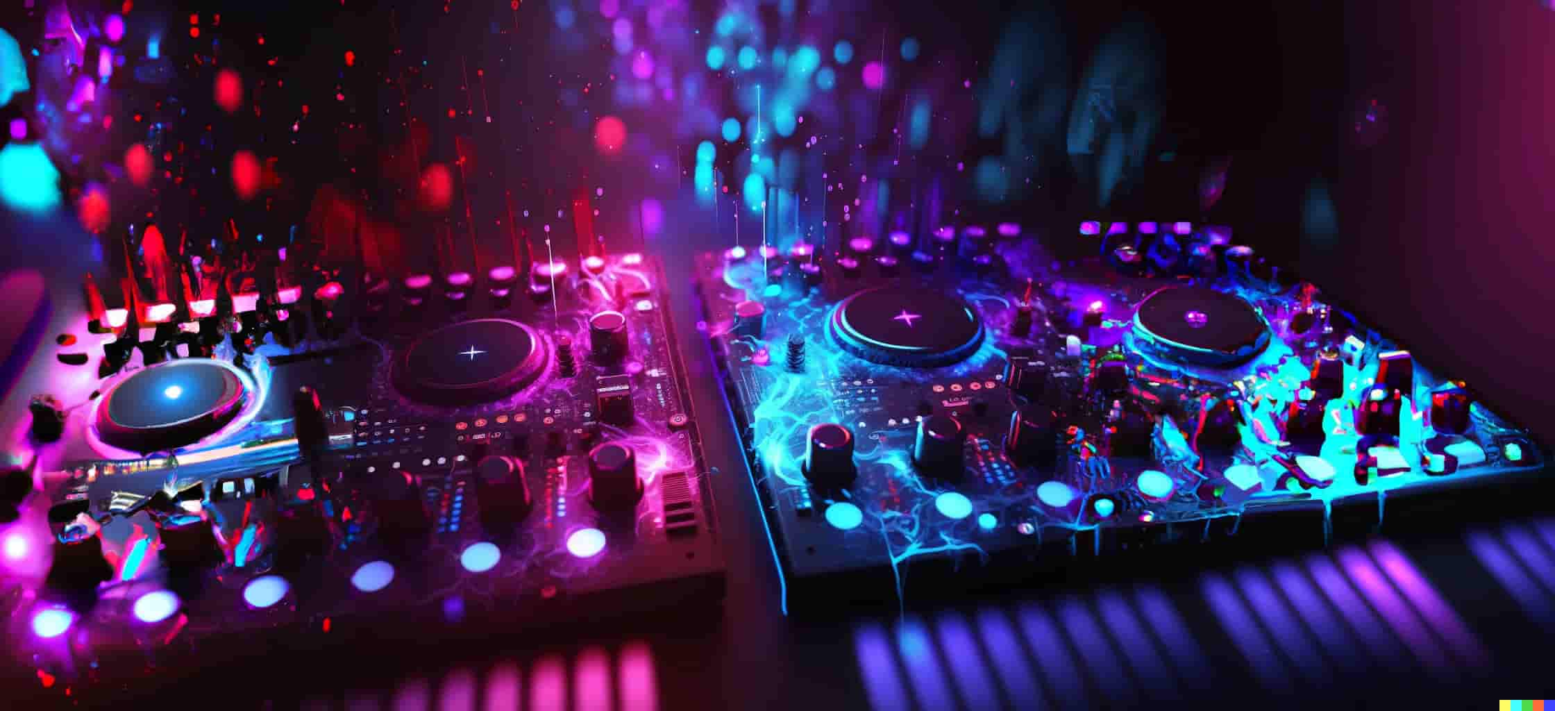 Elektronisches Mischpult vor violettem, unscharfem Hintergrund