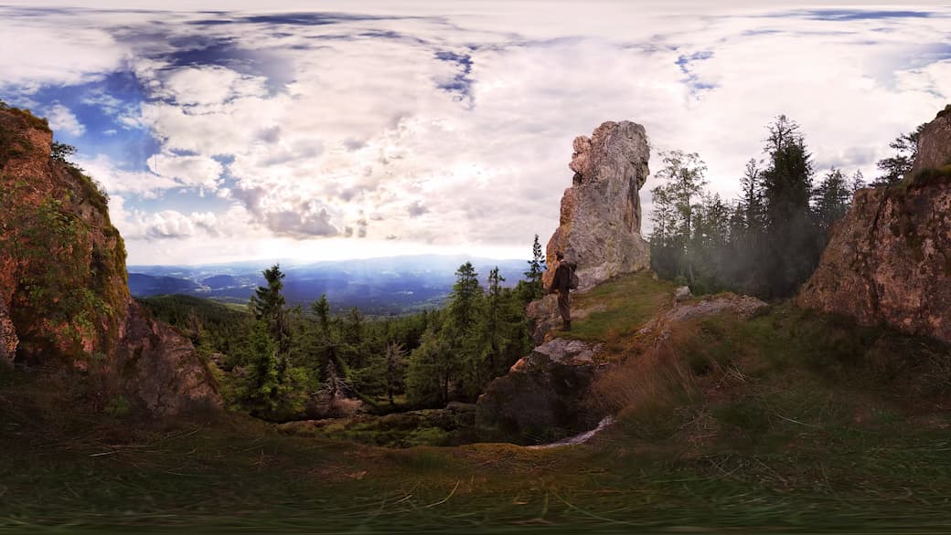 immersives 360°-Bild bietet eine beeindruckende VR-Erfahrung mitten in einer felsigen Waldlandschaft
