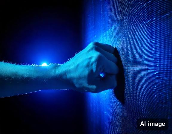 Faust klopft gegen eine blau leuchtende LED-Wand