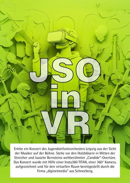Flyer zum Projekt JSO in VR – Virtuelles Orchestererlebnis mit dem Jugendsinfonieorchester Leipzig.