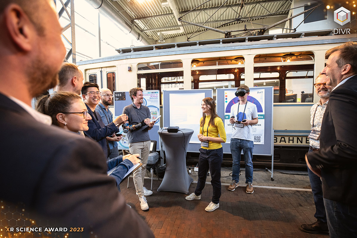Demonstration of VR technology in front of a railway train