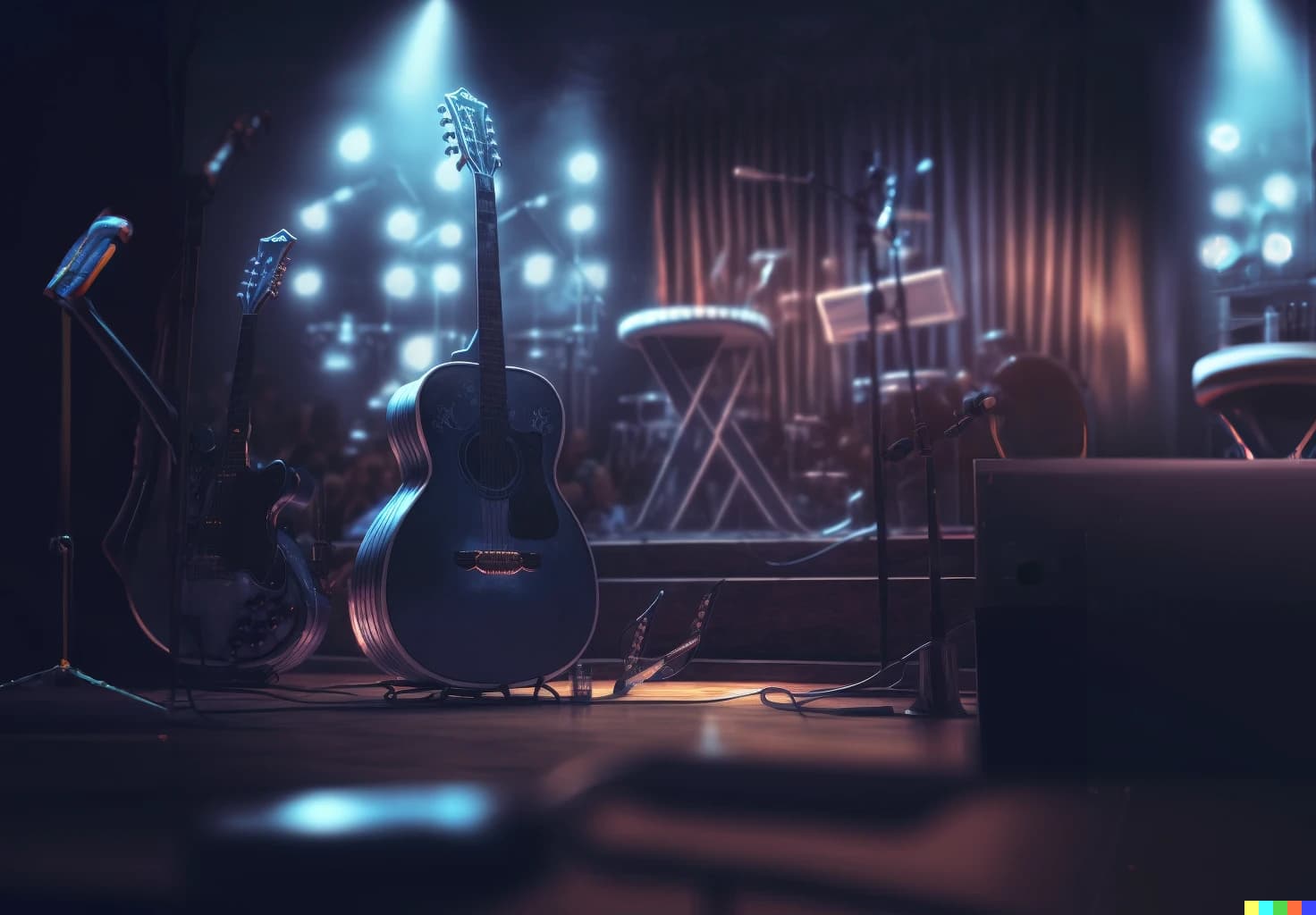 Leere Bühne mit Gitarren, Mikrofonständern und Scheinwerfern vor dem Konzert