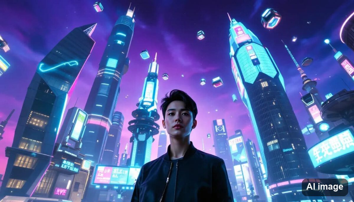 Mensch vor futuristischer Stadt mit fliegenden Elementen