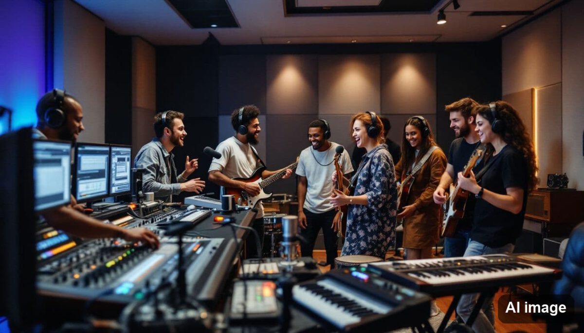 Menschen produzieren Musik mit verschiedenen Instrumenten