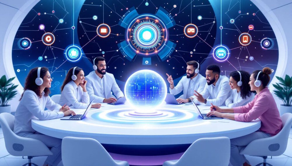 Digital illustration of sound engineering setup showing immersive 3D audio visualization and spatial sound mixing technology