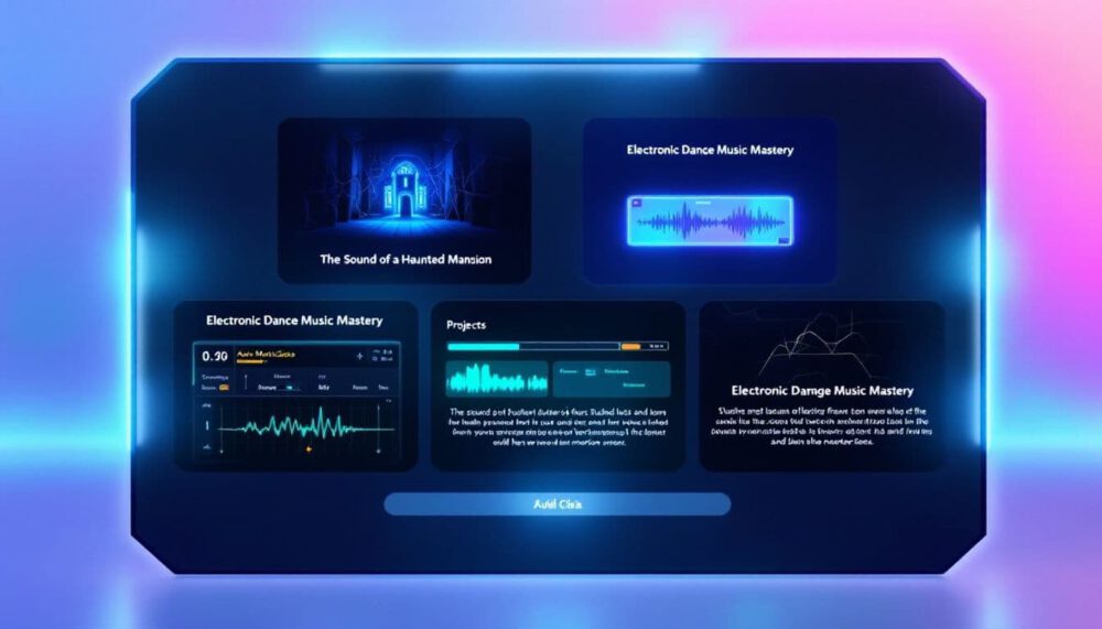 Online immersive audio course platform showing Electronic Dance Music Mastery and spatial sound design curriculum